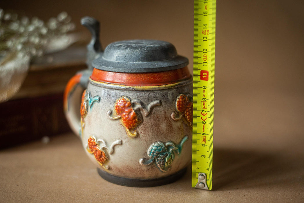 Vintage Ceramic Beer Stein with Lid Handpainted Rustic Floral Tankard