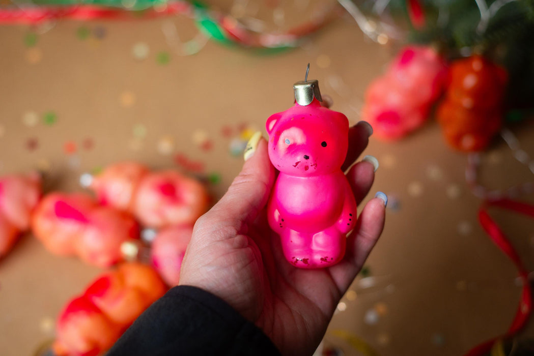 Vintage Pink & Orange Glass Bear Christmas Ornament