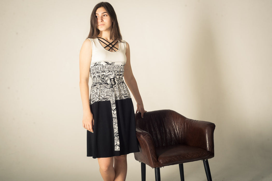 Vintage Midi Dress – 80s Retro Sundress with Adjustable Waist Belt | Black White Dress