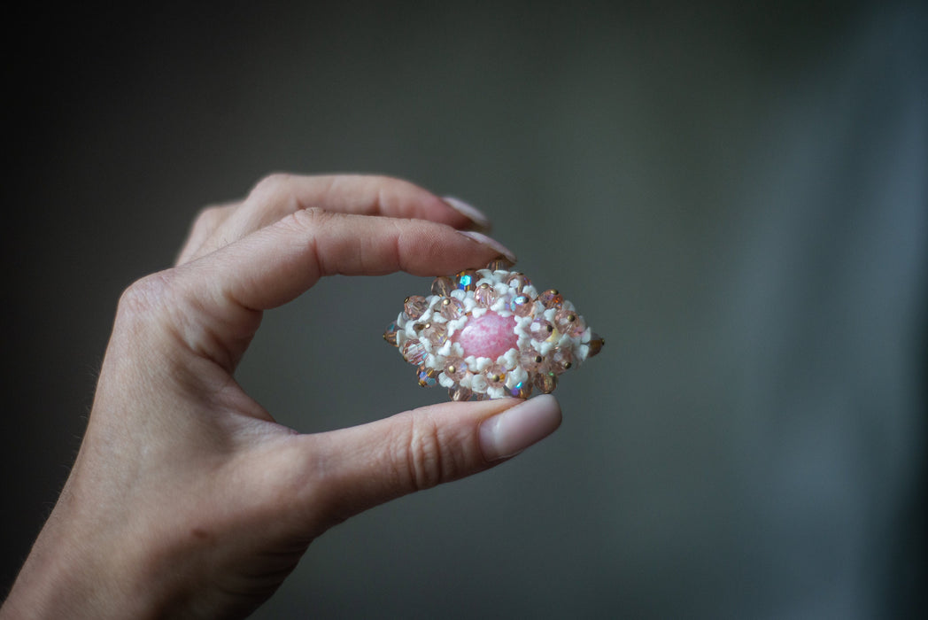 Pink flower brooch, vintage crystal lapel pin, 1970s white floral jewelry, retro old beaded brooch, Victorian shawl pin