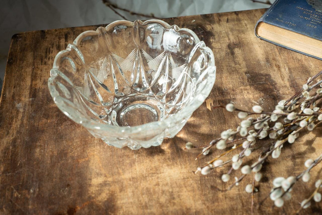Vintage Cut Crystal Bowl, 1970s Clear Glass Fruit Dish