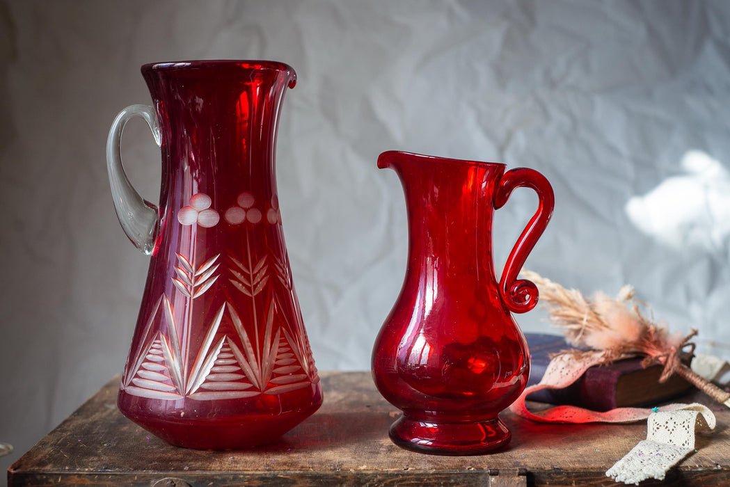 Vintage Ruby Red Glass Pitcher, Czech Crystal Hand Cut Mid Century Water Jug