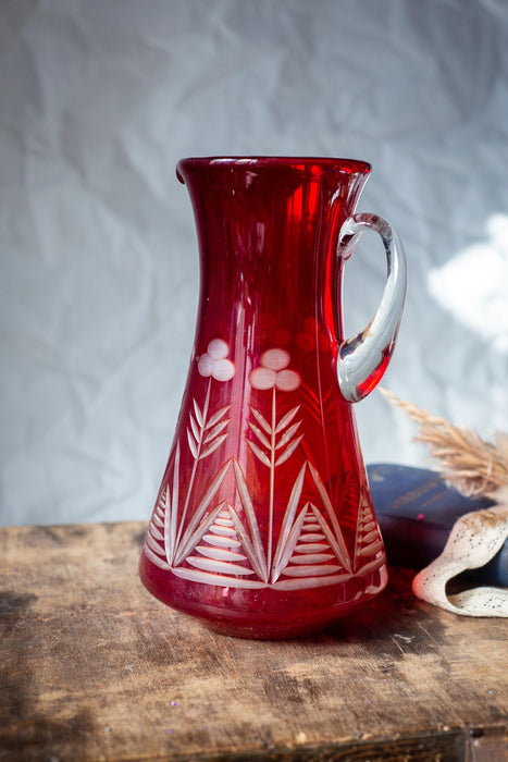 Vintage Ruby Red Glass Pitcher, Czech Crystal Hand Cut Mid Century Water Jug