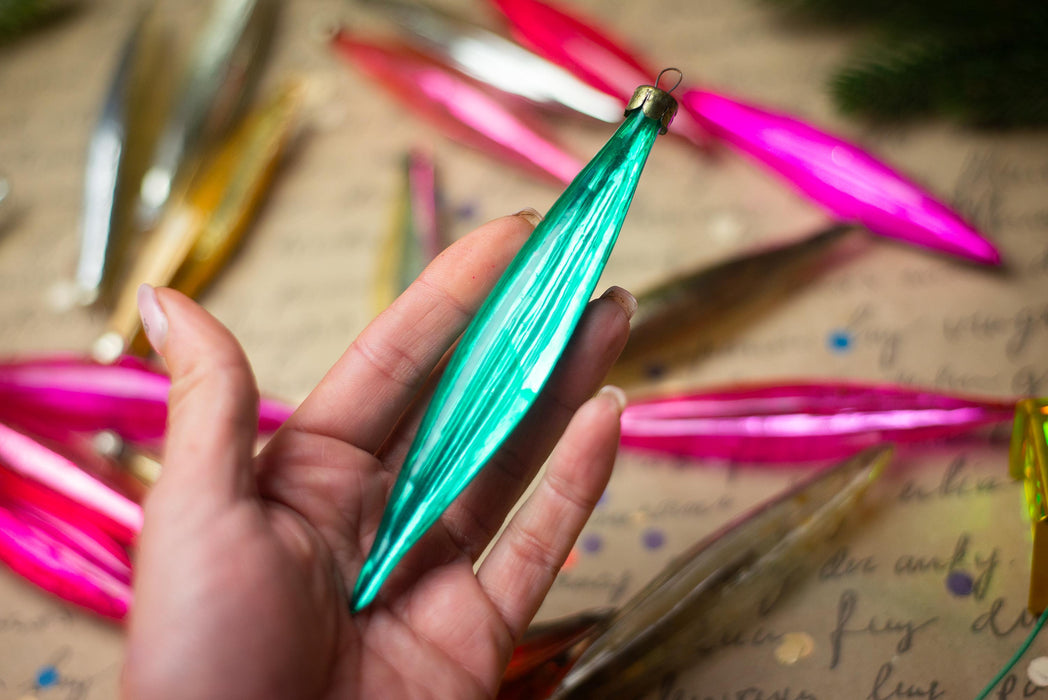 Long Vintage Glass Icicle Ornaments, Pink & Silver – 1950s