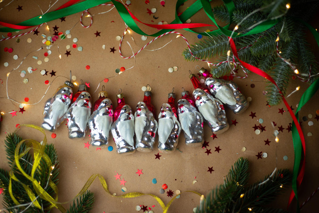 Vintage Glass Gnome Ornament, 1960s Silver & Red Soviet
