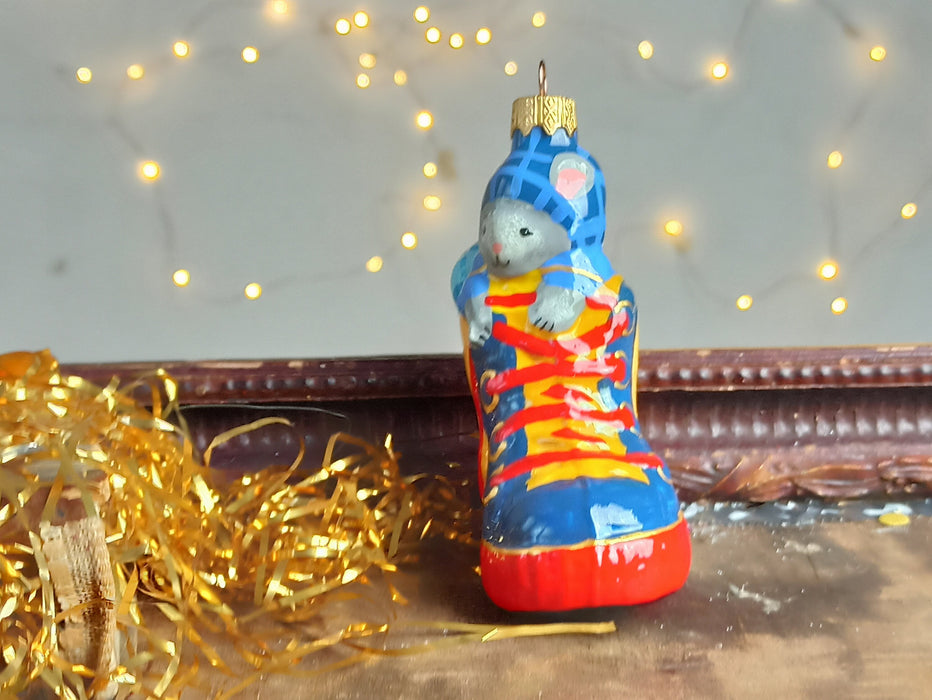 Vintage Glass Mouse Ornament in Shoe, Hand Painted