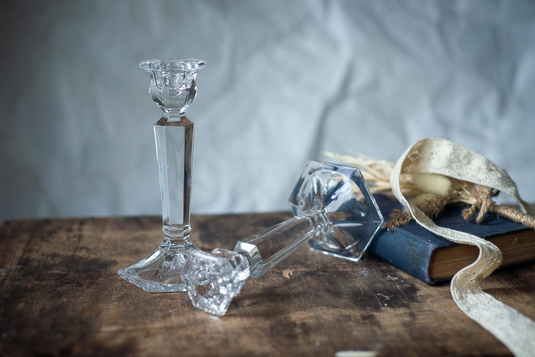 Vintage Crystal Candle Holder, Faceted Glass Taper Candlestick