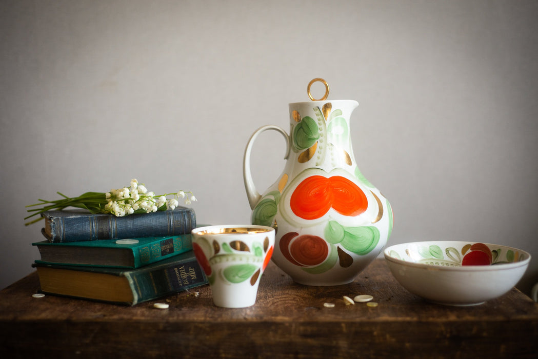 Vintage Porcelain Breakfast Set with Hand Painted Flowers, Rustic Tea Serving Trio