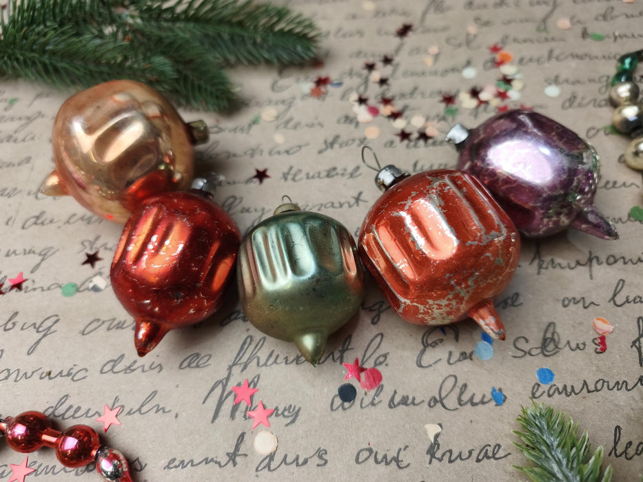 Vintage Glass Christmas Ornaments Set of 5, Ribbed Lantern Baubles, 1970s
