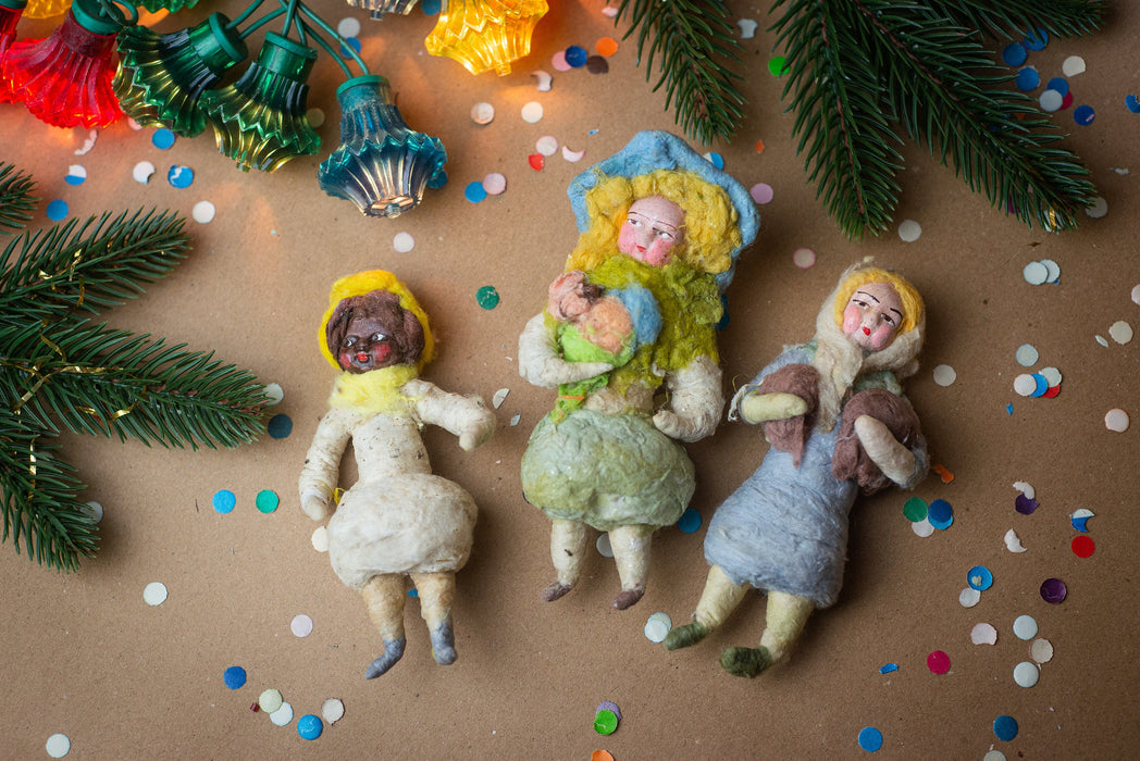 Spun cotton antique Christmas ornaments, girl figurine Xmas tree decoration, collectible