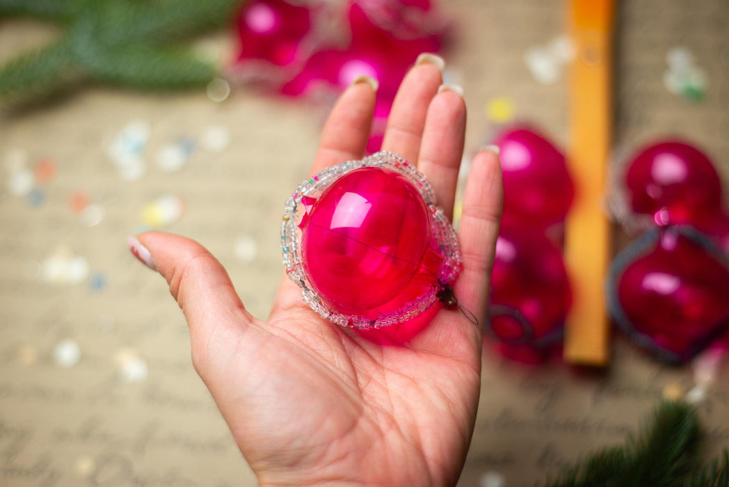Vintage Pink Beaded Glass Ornaments – Set of 8