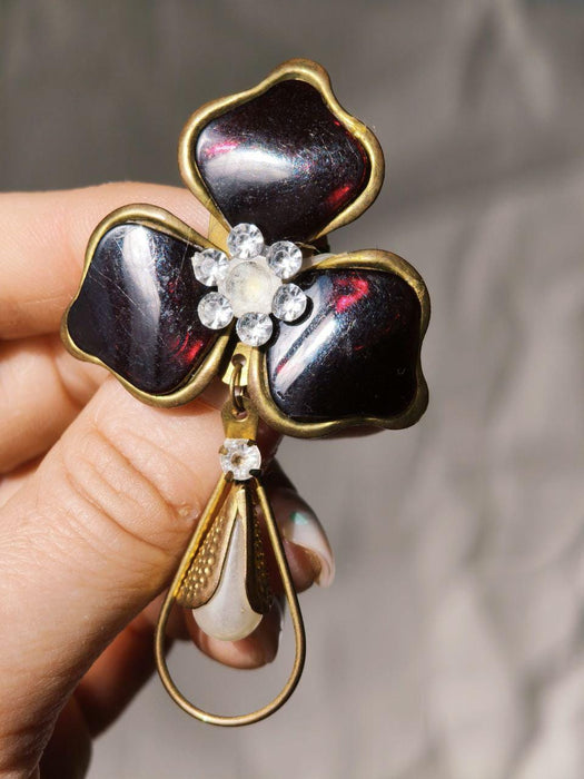 Vintage Flower Brooch Wine Red Glass Art Deco Faux Pearl Pendant Pin