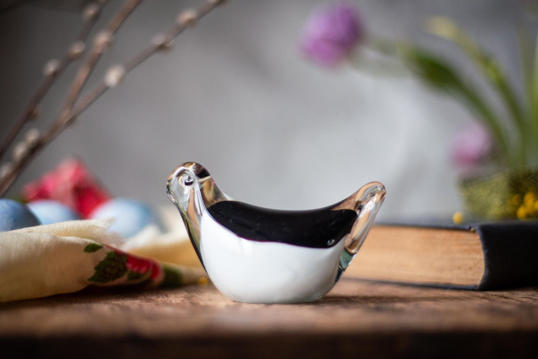 Murano Glass Bird - Hand-Blown Black & White Figurine | Vintage Collectible Art