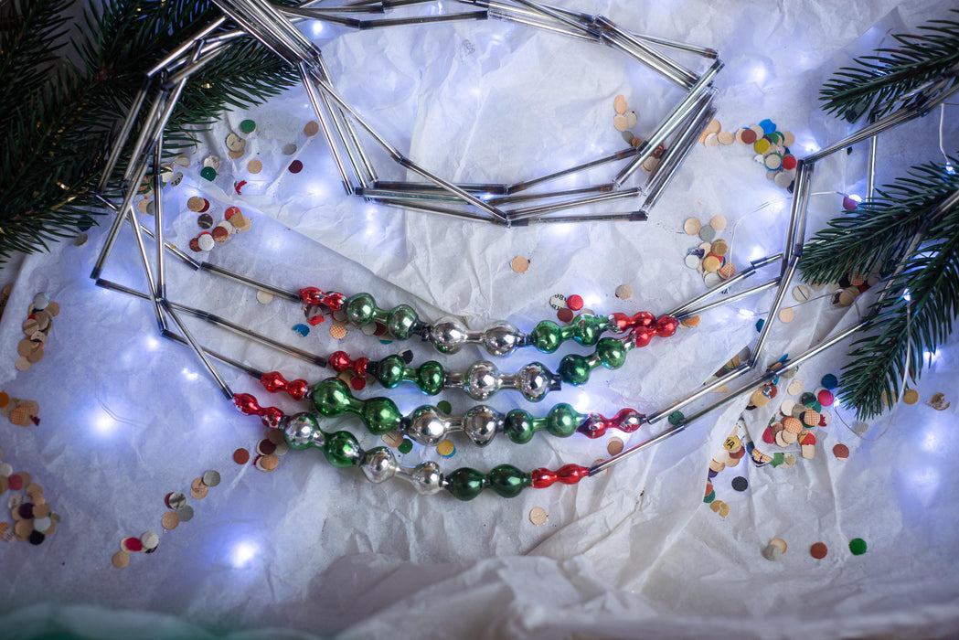 Vintage Glass Bead Christmas Garland, Green Silver Red Bugle Beads, 1970s