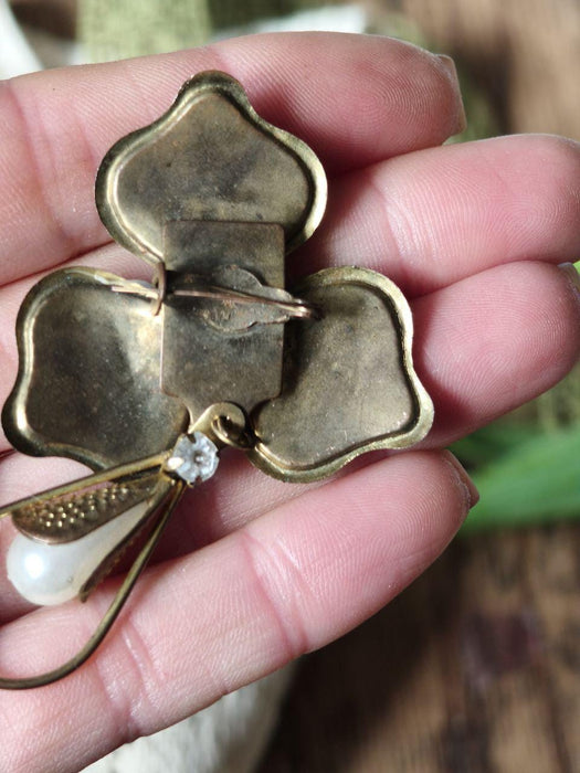 Vintage Flower Brooch Wine Red Glass Art Deco Faux Pearl Pendant Pin