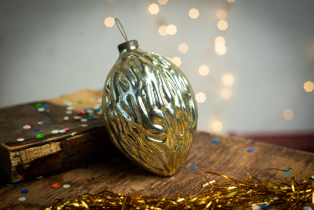 Large Vintage Glass Walnut Ornament, Gold Christmas Tree