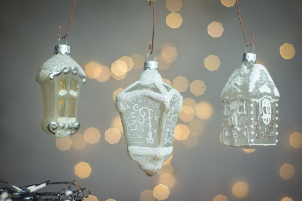 Frosted Glass House Ornament, White Winter Village