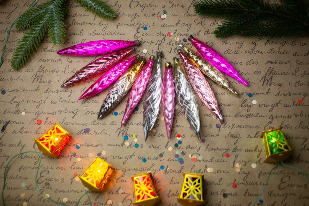 Vintage Christmas Ornaments – 1950s Pink Gold Silver Glass Icicles