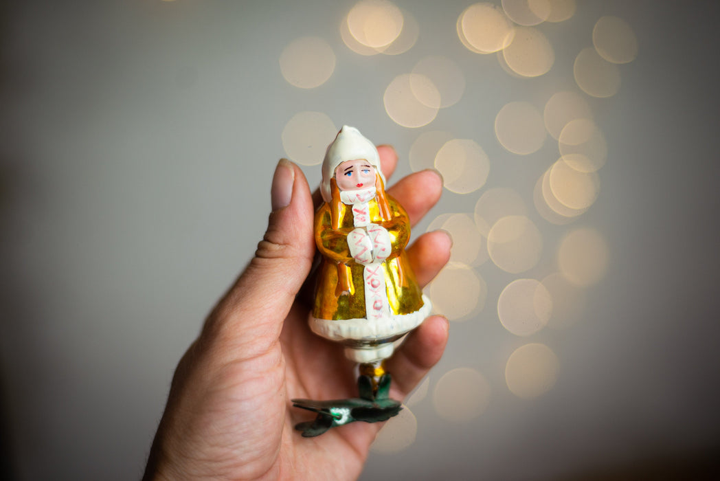 Vintage Girl Clip Ornament, Hand Painted Soviet Glass
