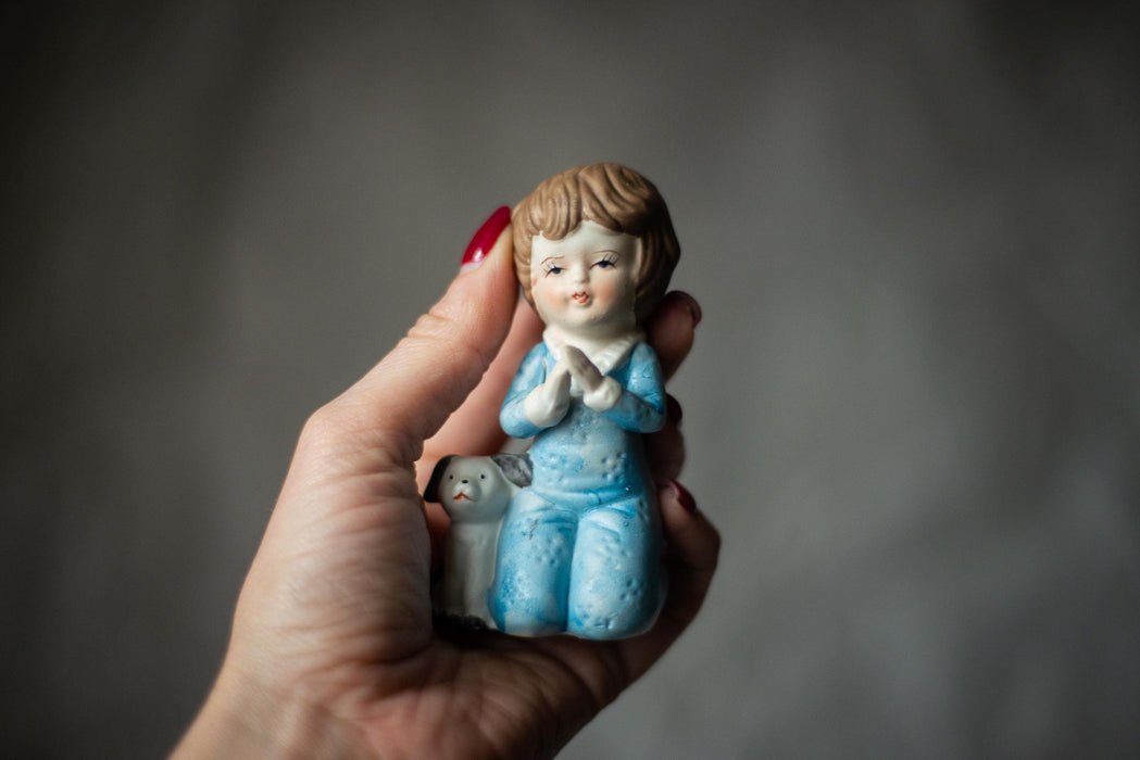 Vintage Bisque Porcelain Figurine, Praying Boy With Puppy, Germany
