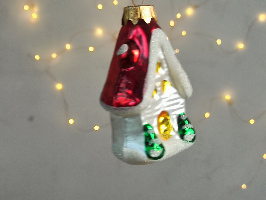 Glass Cottage Christmas Ornament, Hand Blown Holiday