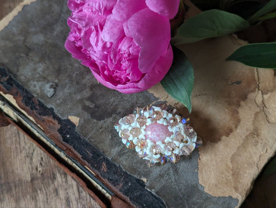 Pink flower brooch, vintage crystal lapel pin, 1970s white floral jewelry, retro old beaded brooch, Victorian shawl pin