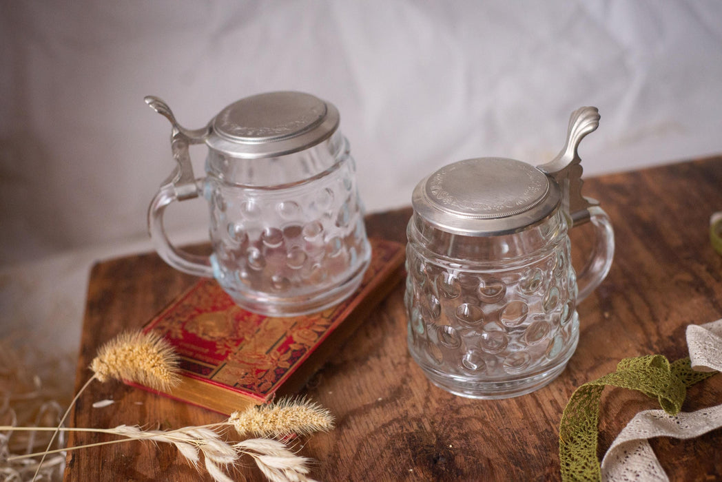 Vintage German Glass Beer Stein with Metal Lid Classic Barware Tankard