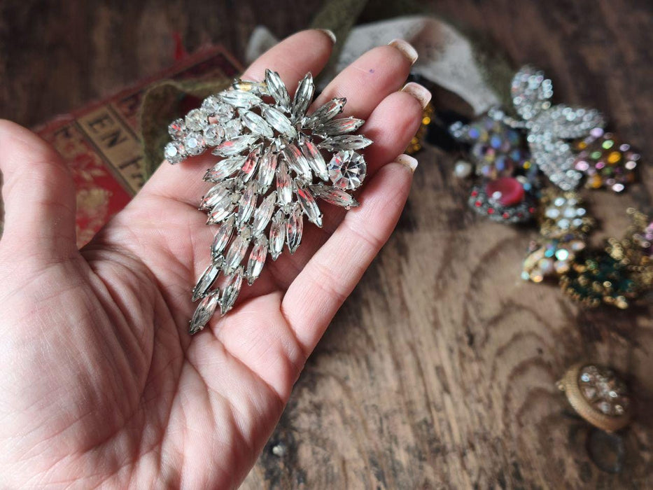 Vintage Rhinestone Brooch 1970s, Silver Tone Statement Pin with Clear Crystals
