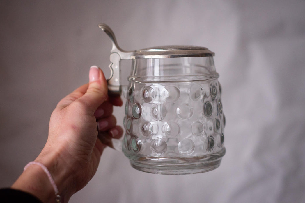 Vintage German Glass Beer Stein with Metal Lid Classic Barware Tankard