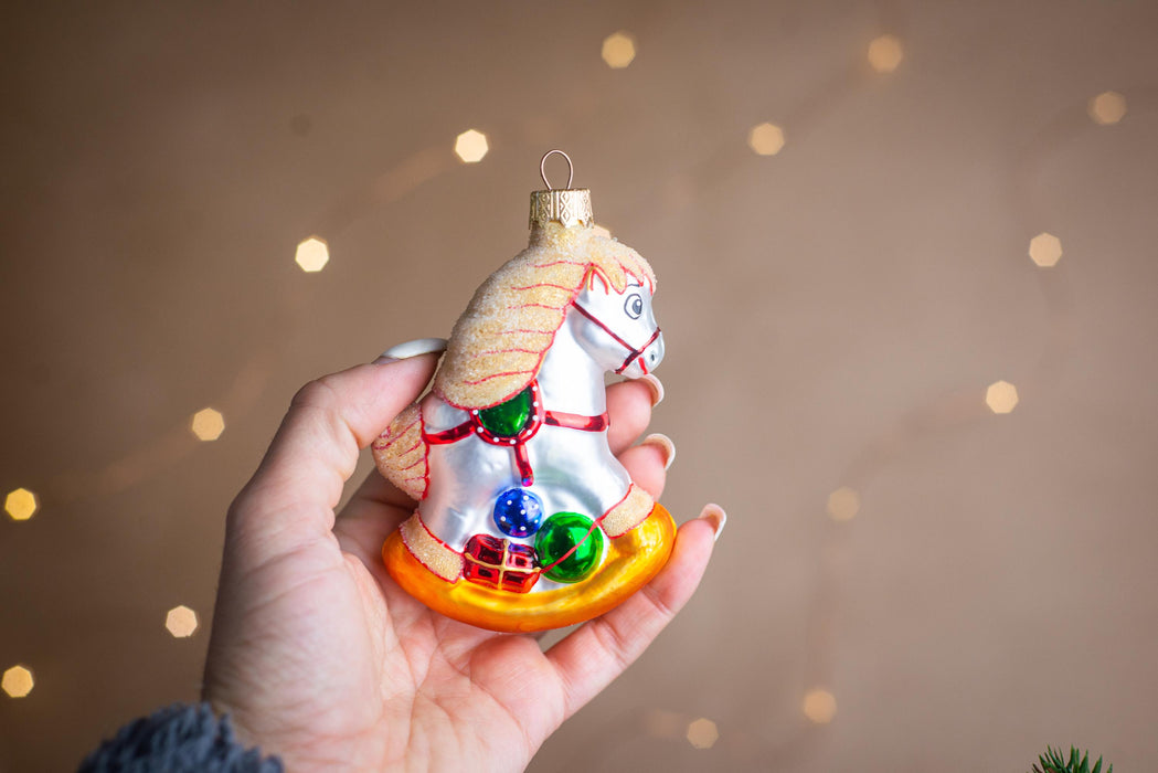 Glass Rocking Horse Ornament, Hand-Painted 3.94in Retro Carousel Decor