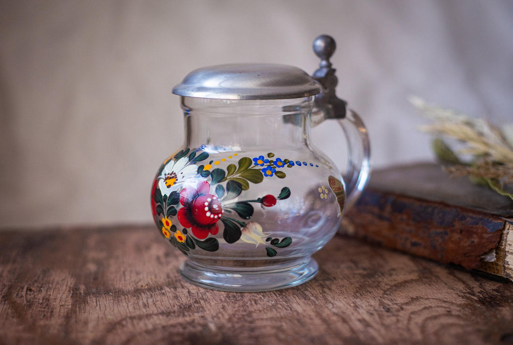 Vintage Floral Glass Beer Mug with Metal Lid, German Oktoberfest Stein