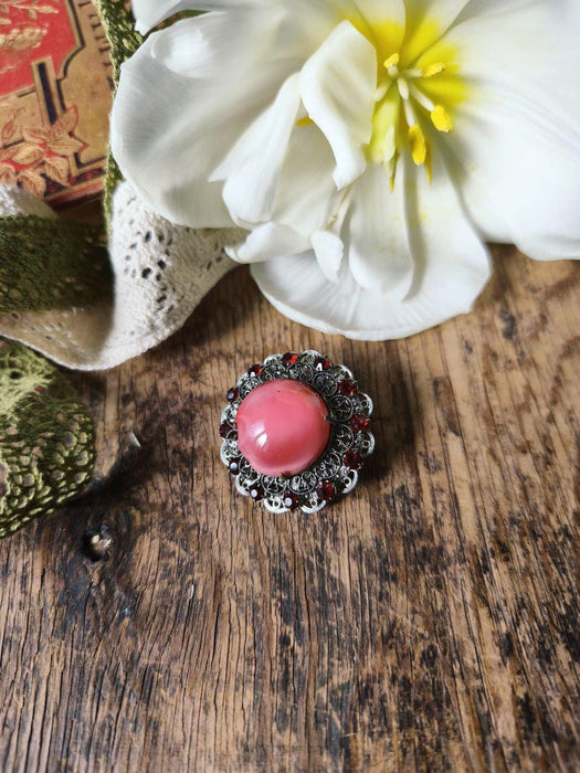 Vintage Pink Glass Brooch 1970s, Filigree Rhinestone Statement Pin