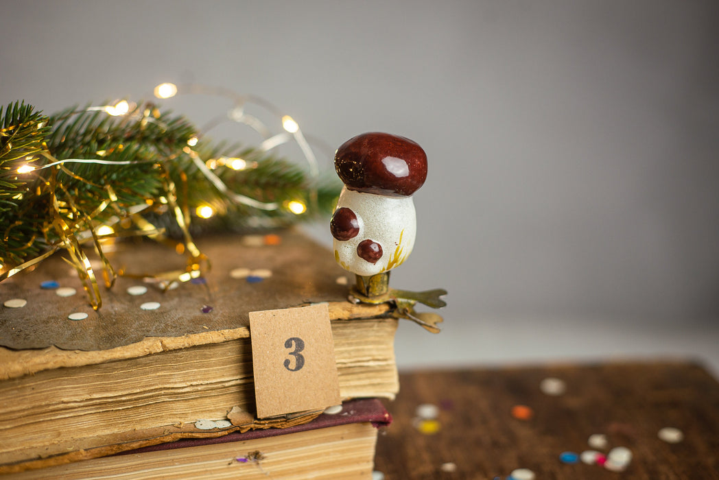 Vintage Glass Mushroom Clip On Ornament, 1950s Woodland