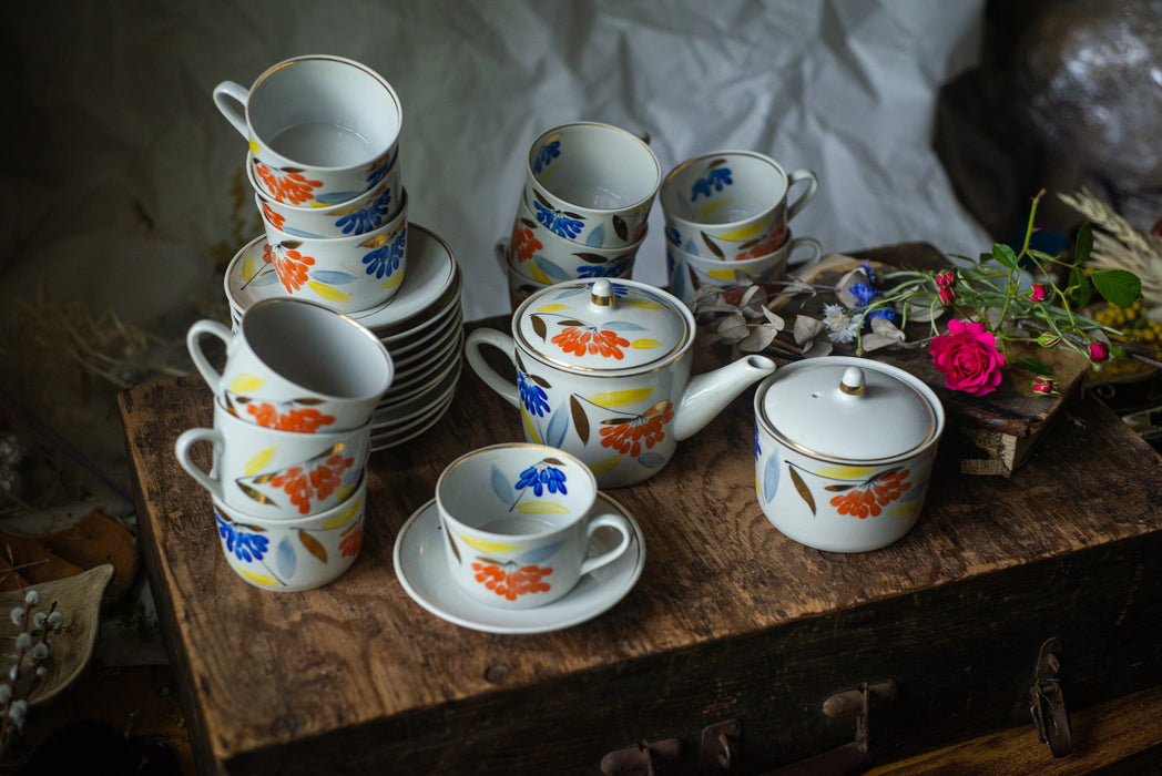 Vintage Porcelain tea set, 9-Piece china tea set, ceramic teapot, milk jug, sugar bowl, 3 ceramic cups, and 3 saucers