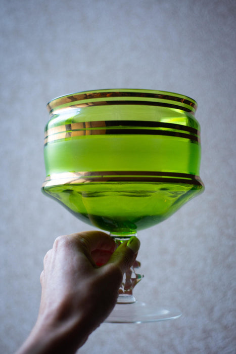 Mid-Century Green Crystal Compote Bowl: Gold Trim Vase, 1970s Decor