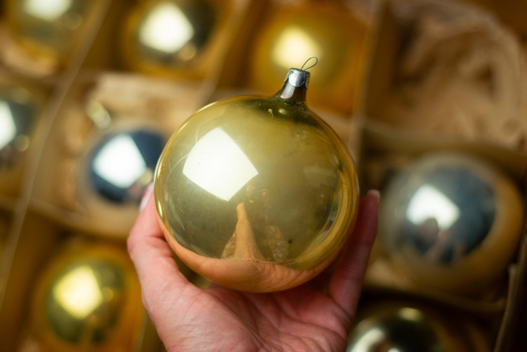 Vintage Silver Gold Glass Christmas Ball Ornaments Set of 12, Soviet Box
