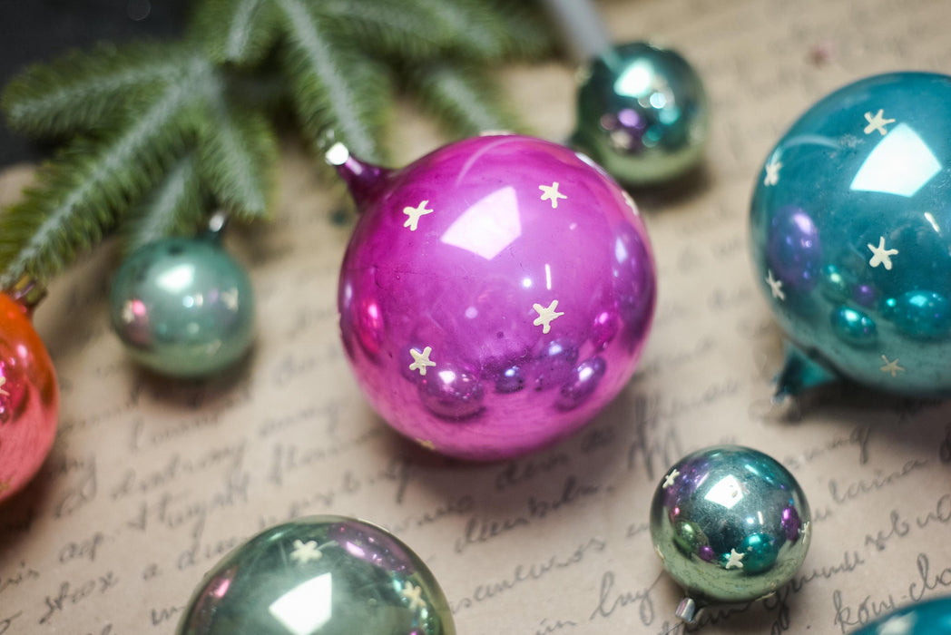 Vintage Glass Christmas Ornaments Set, Glow in Dark Stars, 1970s Teal Pink Balls
