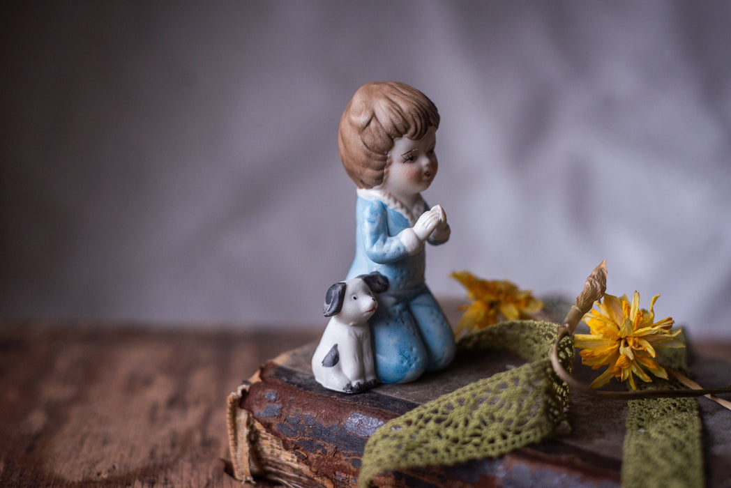 Praying girl with puppy figurine, Catolic gift, Germany porcelain, religious home decor
