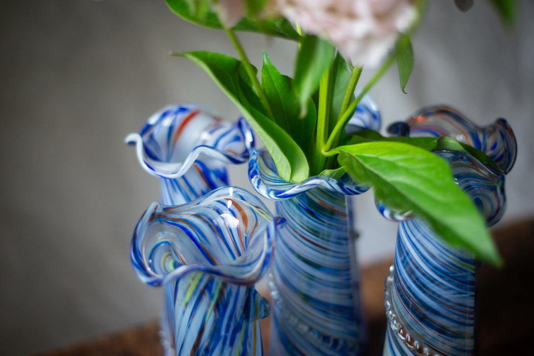 Murano Glass Vase, vintage Blue White Cobalt Swirl Mid Century, Boho flower vase