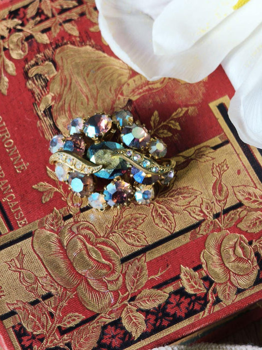 Vintage Rhinestone Brooch, Iridescent Crystal Pin Art Deco Style Statement