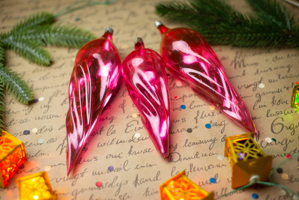 Pink Glass Icicle Christmas Ornaments, Vintage Set of 3