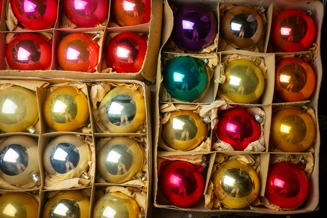 Vintage Red Glass Christmas Ball Ornaments Set of 12, Original Soviet Box