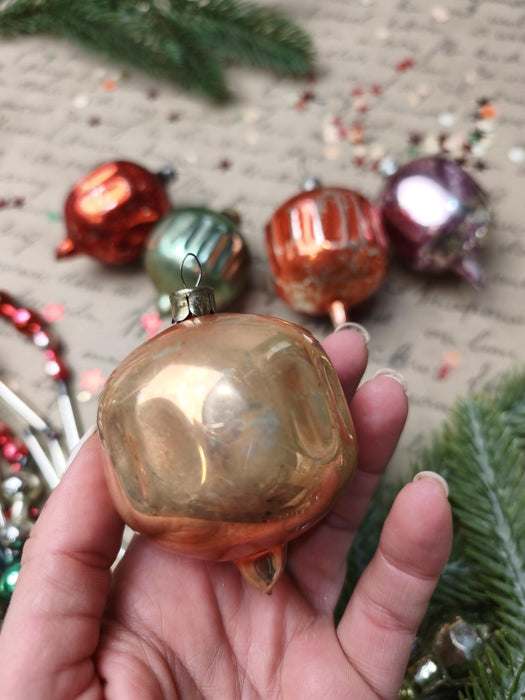 Vintage Glass Christmas Ornaments Set of 5, Ribbed Lantern Baubles, 1970s