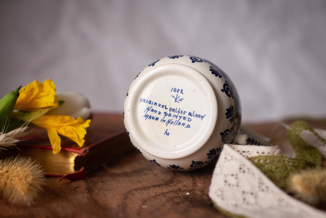 Hand-painted Delft Blue pitcher, flowers and birds, Holland Vintage Ceramic