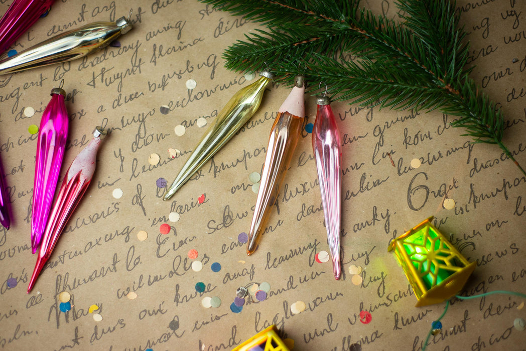 Vintage 1950s Glass Icicle Ornaments – Pink, Silver & Gold