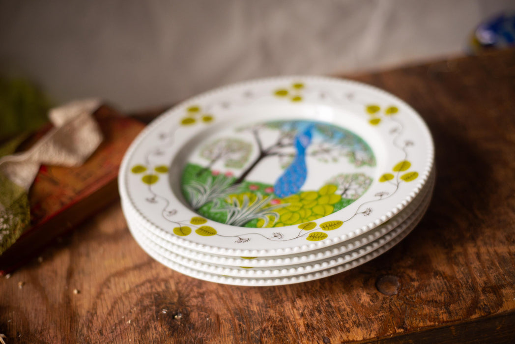 Paradies Porcelain Plate Set – Vintage German Porcelain, Hand Painted Peacock Bird Design