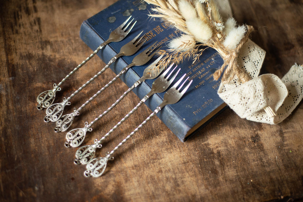 Vintage 1950s German Dessert Fork Set, Silver Tone Filigree Snack Cutlery