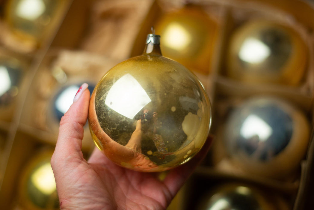 Vintage Silver Gold Glass Christmas Ball Ornaments Set of 12, Soviet Box