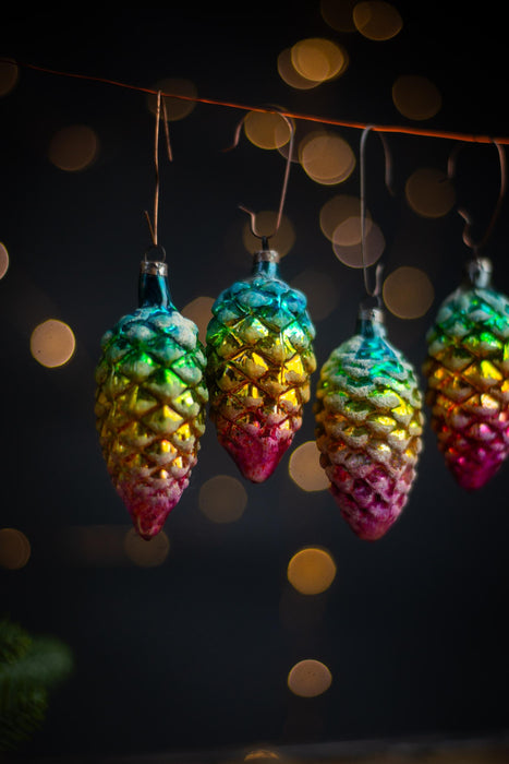 Vintage Rainbow Pine Cone Ornaments, GDR 1960s Thin Glass Set