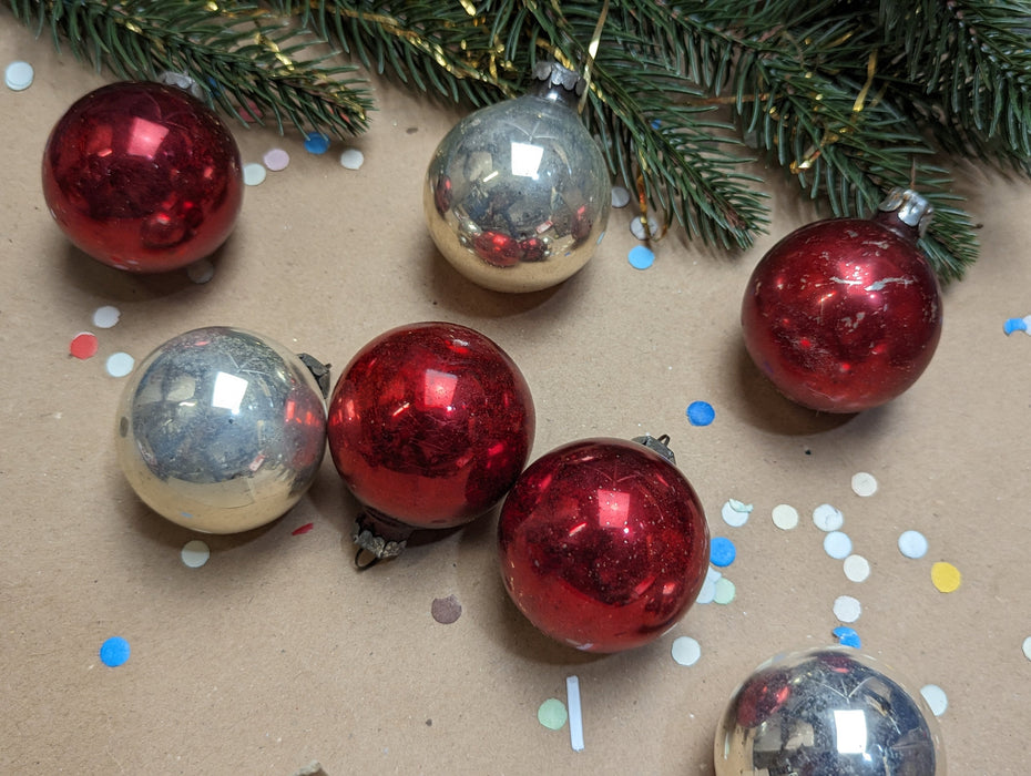 Set of 12 Vintage glass Christmas ornaments in the box, red and silver Xmas balls, Xmas tree hanging baubles